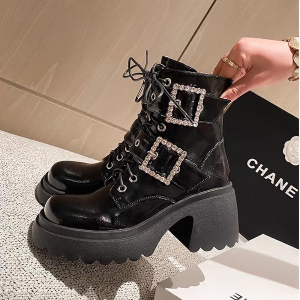 Black Platform Ankle Leather Boots - Picture 2 of 13